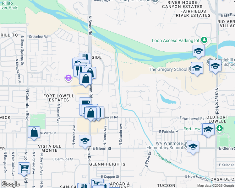 map of restaurants, bars, coffee shops, grocery stores, and more near 3121 North Placita Agua Caliente in Tucson