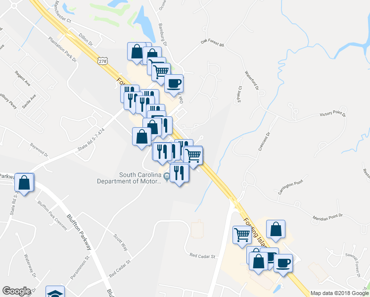 map of restaurants, bars, coffee shops, grocery stores, and more near 910 Fording Island Road in Bluffton