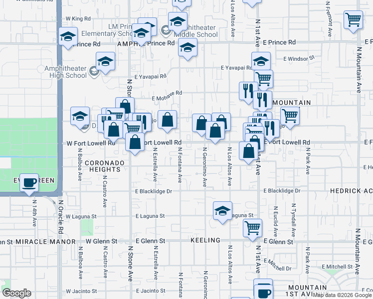 map of restaurants, bars, coffee shops, grocery stores, and more near 3134 North Fontana Avenue in Tucson