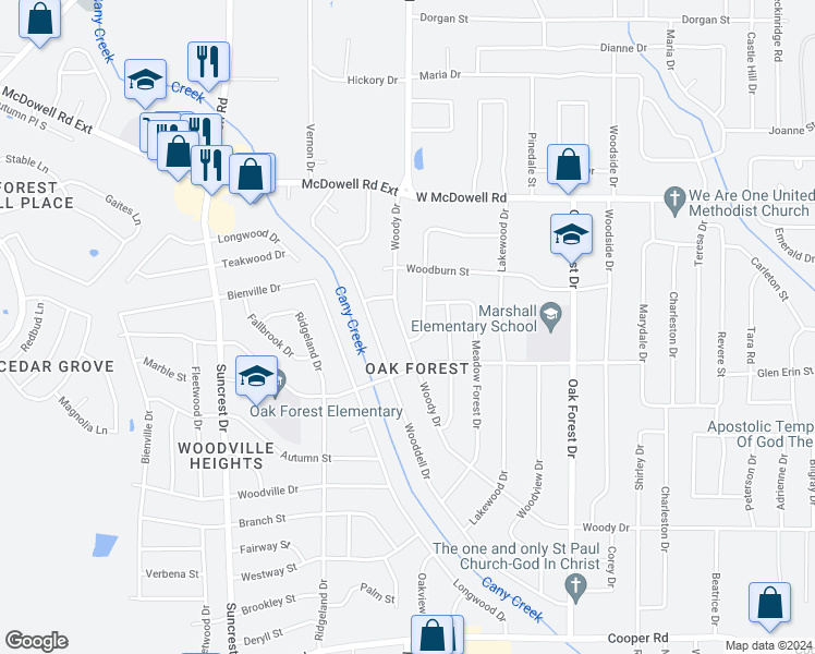 map of restaurants, bars, coffee shops, grocery stores, and more near 1538 Woody Drive in Jackson