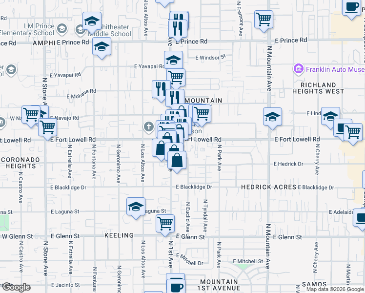 map of restaurants, bars, coffee shops, grocery stores, and more near 785 East Fort Lowell Road in Tucson