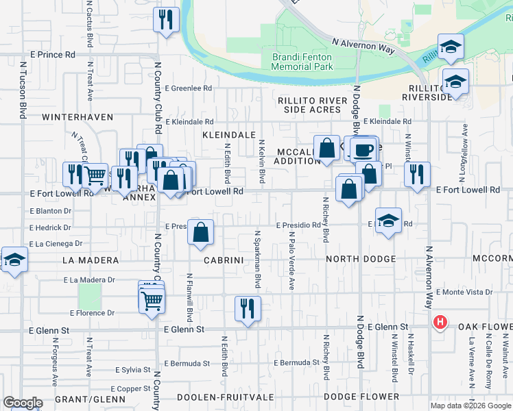 map of restaurants, bars, coffee shops, grocery stores, and more near 3402 East Fort Lowell Road in Tucson