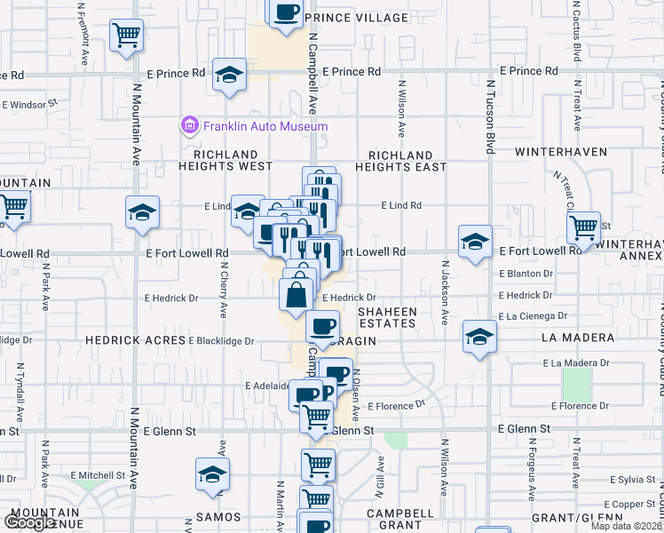 map of restaurants, bars, coffee shops, grocery stores, and more near 1919 East Fort Lowell Road in Tucson