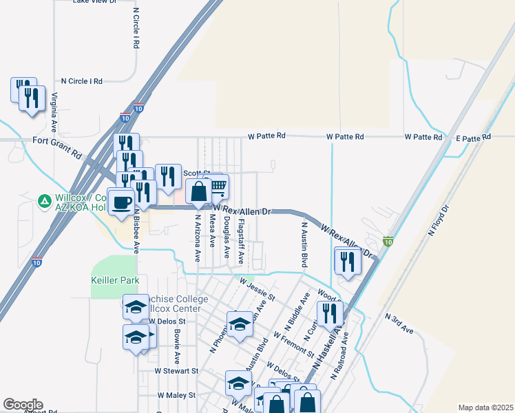 map of restaurants, bars, coffee shops, grocery stores, and more near 909 Flagstaff Ave in Willcox