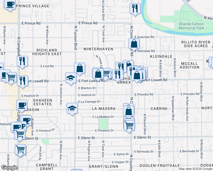 map of restaurants, bars, coffee shops, grocery stores, and more near 2713 East Fort Lowell Road in Tucson