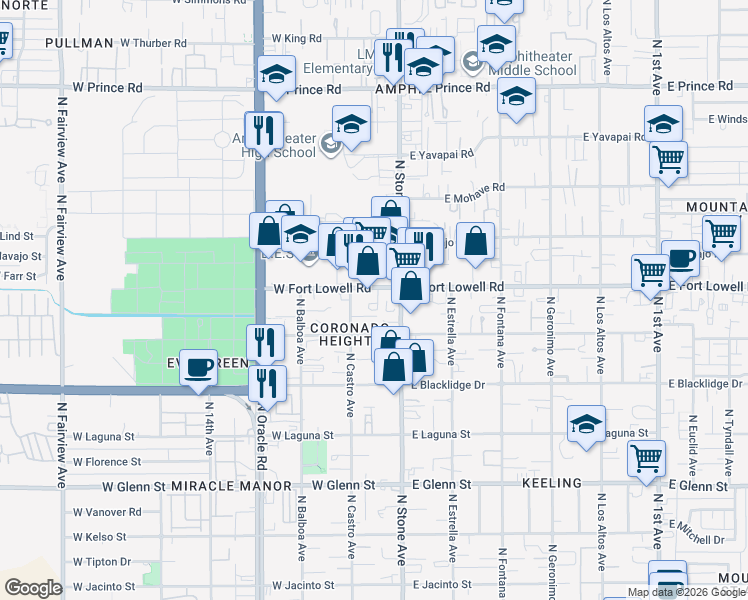 map of restaurants, bars, coffee shops, grocery stores, and more near 90 West Fort Lowell Road in Tucson