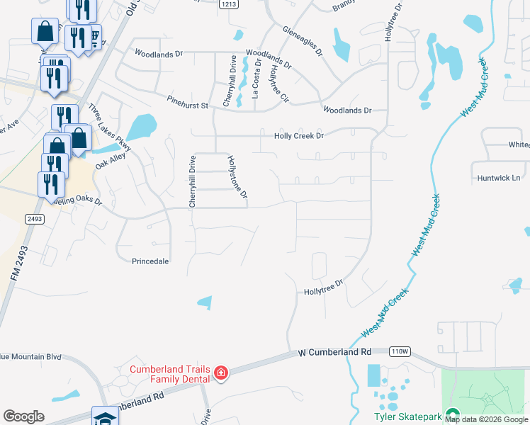 map of restaurants, bars, coffee shops, grocery stores, and more near 1986 Dueling Oaks Drive in Tyler