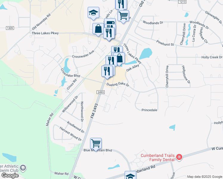 map of restaurants, bars, coffee shops, grocery stores, and more near 2176 Dueling Oaks Drive in Tyler