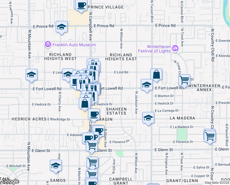 map of restaurants, bars, coffee shops, grocery stores, and more near 2002 East Fort Lowell Road in Tucson