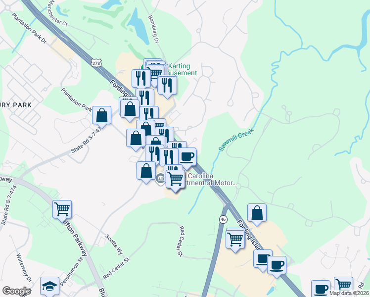 map of restaurants, bars, coffee shops, grocery stores, and more near 15 Clark Summit Drive in Bluffton