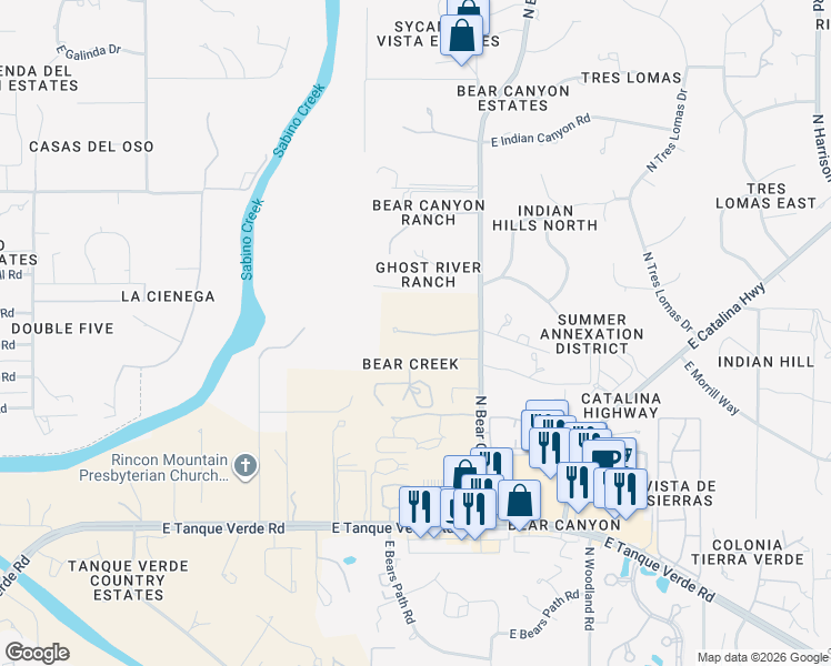 map of restaurants, bars, coffee shops, grocery stores, and more near 8769 East Honeybear Place in Tucson