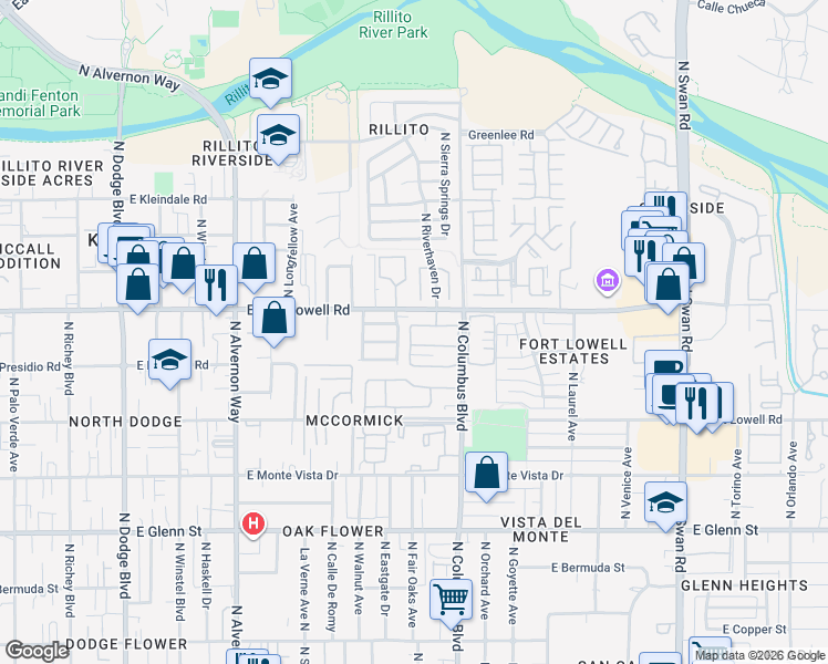 map of restaurants, bars, coffee shops, grocery stores, and more near in Tucson