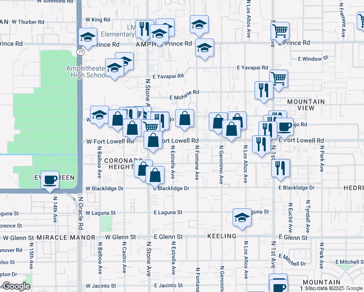 map of restaurants, bars, coffee shops, grocery stores, and more near 215 East Fort Lowell Road in Tucson