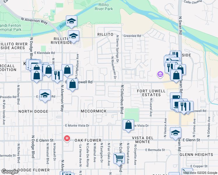 map of restaurants, bars, coffee shops, grocery stores, and more near in Tucson