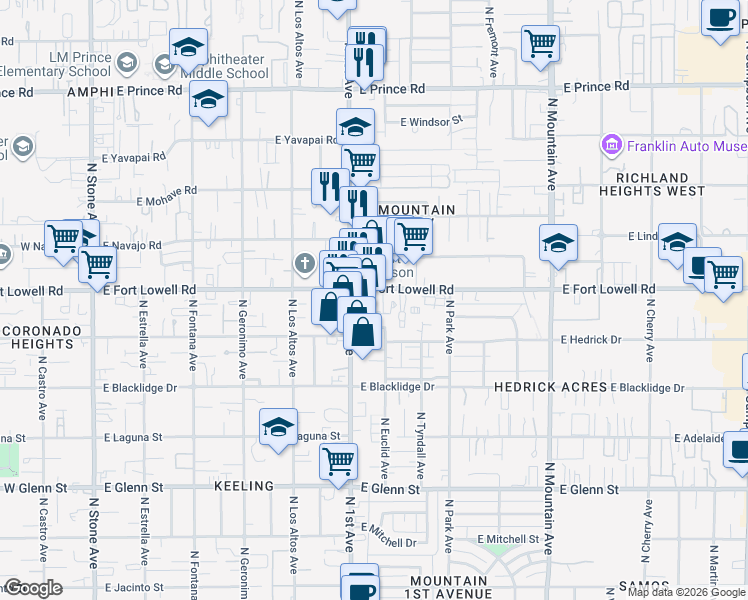 map of restaurants, bars, coffee shops, grocery stores, and more near 785-801 East Fort Lowell Road in Tucson