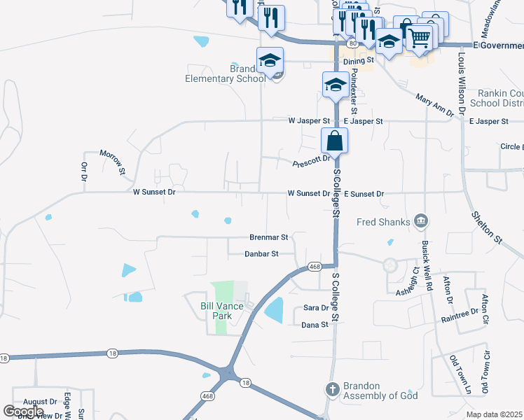 map of restaurants, bars, coffee shops, grocery stores, and more near 231 West Sunset Drive in Brandon