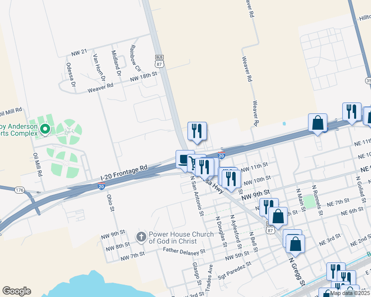 map of restaurants, bars, coffee shops, grocery stores, and more near Lamesa Highway in Big Spring
