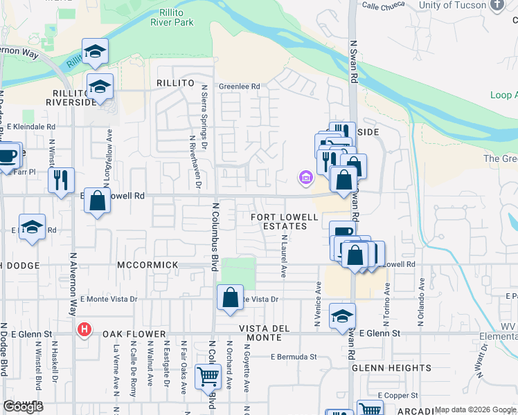 map of restaurants, bars, coffee shops, grocery stores, and more near 4432 East Fort Lowell Road in Tucson