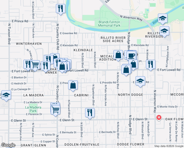 map of restaurants, bars, coffee shops, grocery stores, and more near 3402 East Fort Lowell Road in Tucson