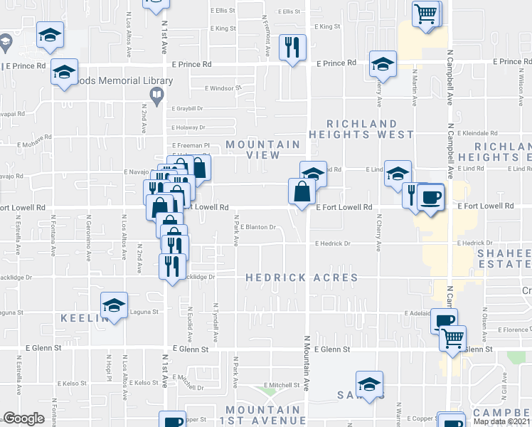 map of restaurants, bars, coffee shops, grocery stores, and more near 1122 East Fort Lowell Road in Tucson