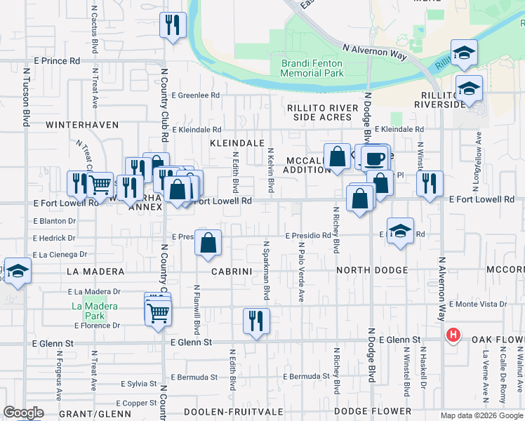 map of restaurants, bars, coffee shops, grocery stores, and more near 3402 East Fort Lowell Road in Tucson