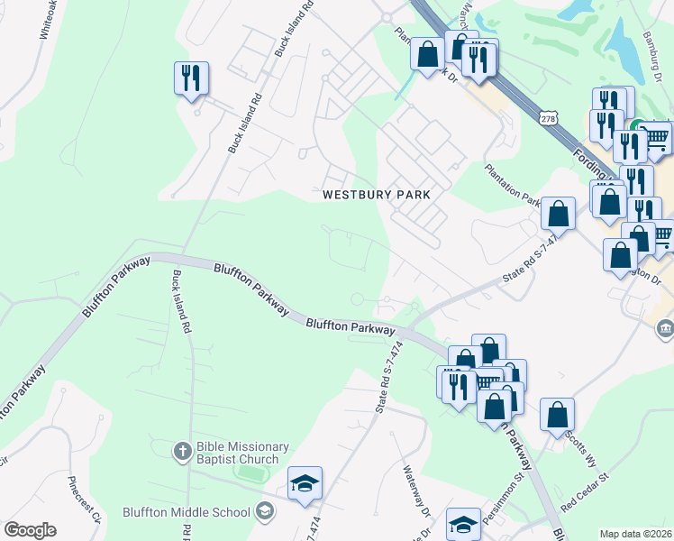 map of restaurants, bars, coffee shops, grocery stores, and more near 83 Baywood Drive in Bluffton
