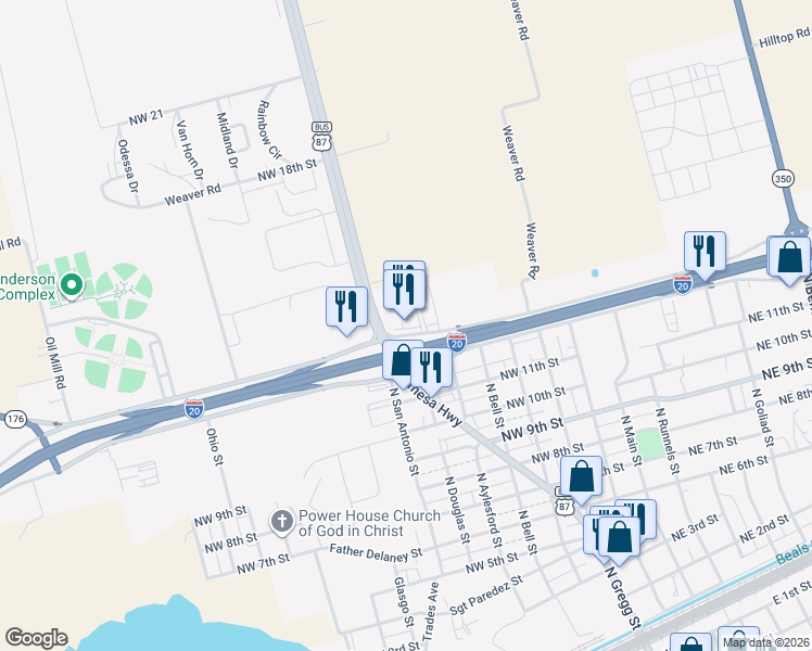 map of restaurants, bars, coffee shops, grocery stores, and more near 704 Interstate 20 in Big Spring