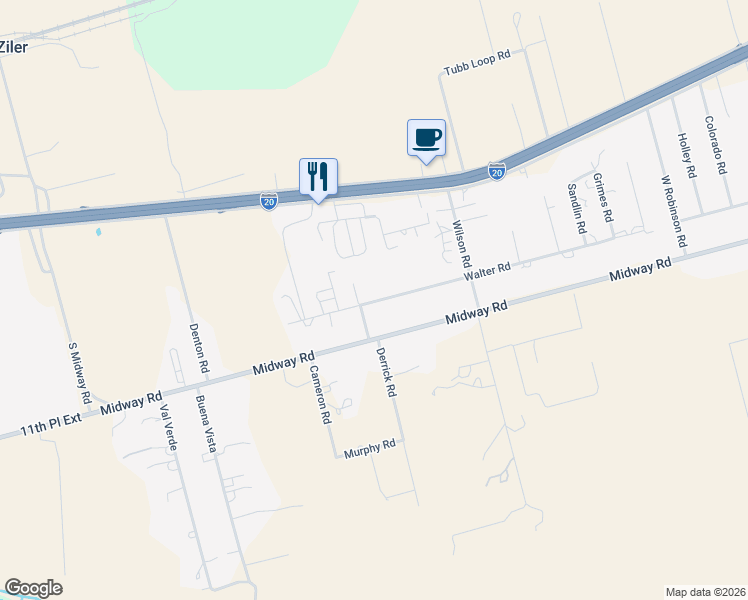 map of restaurants, bars, coffee shops, grocery stores, and more near 5600-5698 Walter Road in Big Spring