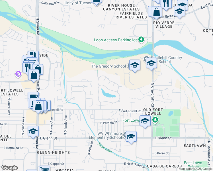 map of restaurants, bars, coffee shops, grocery stores, and more near 3180 North Brittlebush Lane in Tucson