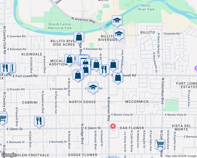 map of restaurants, bars, coffee shops, grocery stores, and more near 3820 East Fort Lowell Road in Tucson