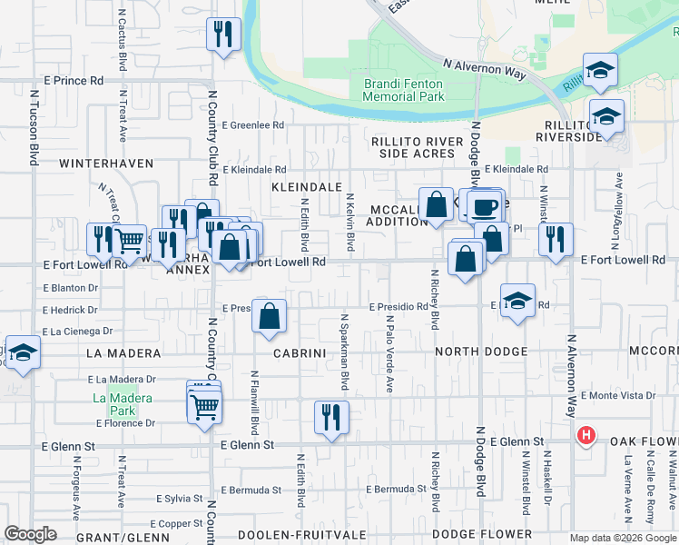 map of restaurants, bars, coffee shops, grocery stores, and more near 3402 East Fort Lowell Road in Tucson
