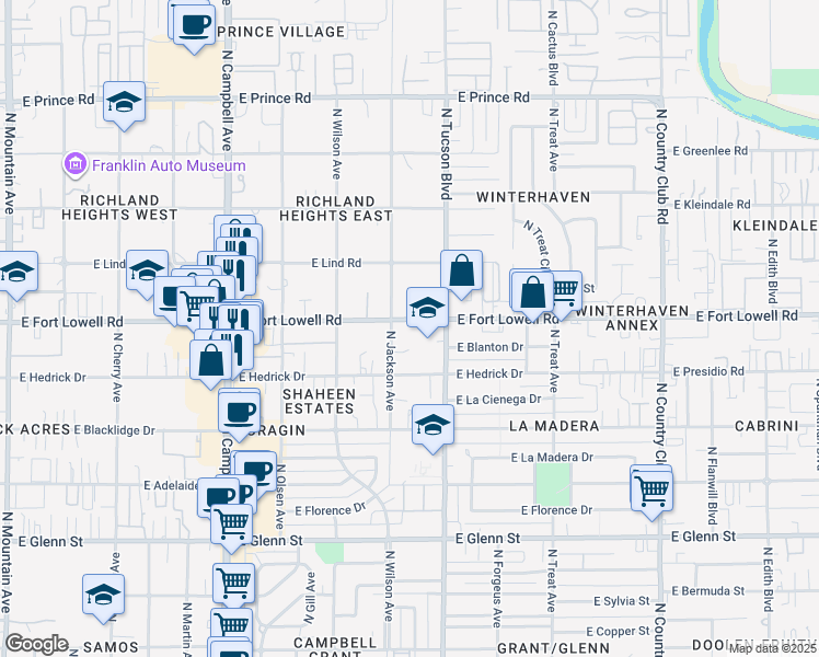 map of restaurants, bars, coffee shops, grocery stores, and more near 2301 East Fort Lowell Road in Tucson