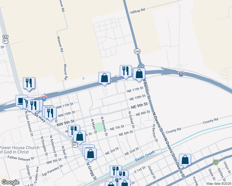 map of restaurants, bars, coffee shops, grocery stores, and more near 1101 North Nolan Street in Big Spring