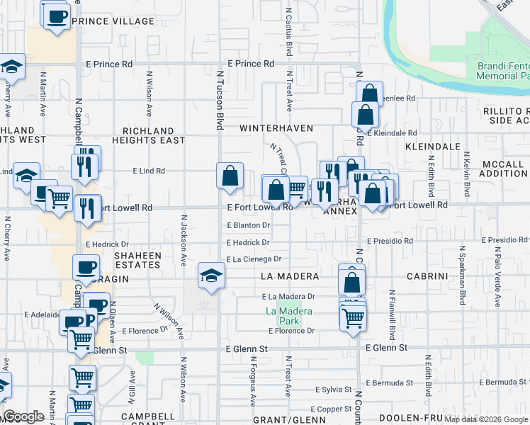 map of restaurants, bars, coffee shops, grocery stores, and more near 2618 East Fort Lowell Road in Tucson