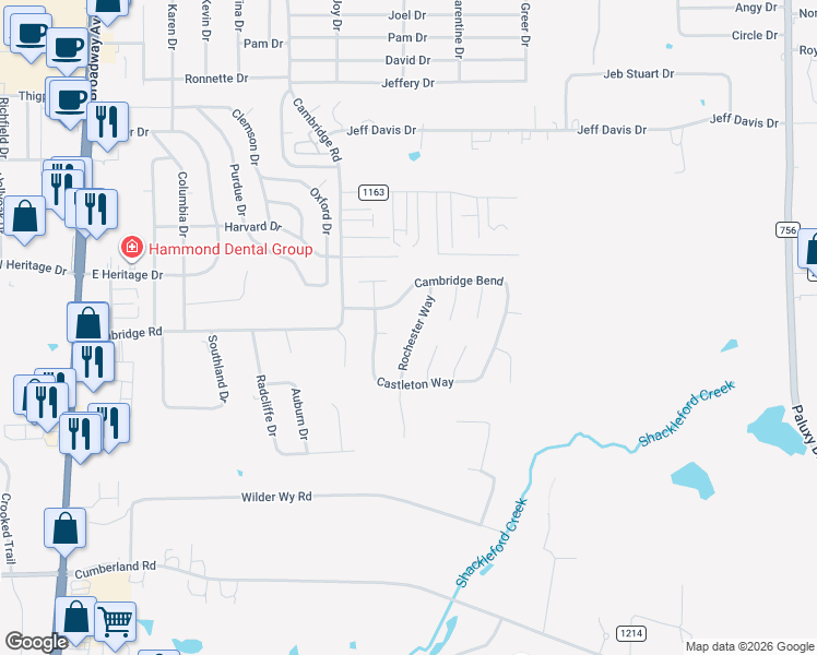 map of restaurants, bars, coffee shops, grocery stores, and more near 813 Cambridge Bend in Tyler