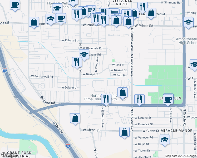 map of restaurants, bars, coffee shops, grocery stores, and more near 1249 West Navajo Street in Tucson