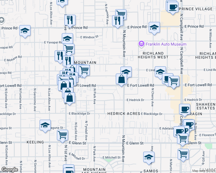 map of restaurants, bars, coffee shops, grocery stores, and more near 1122 East Fort Lowell Road in Tucson