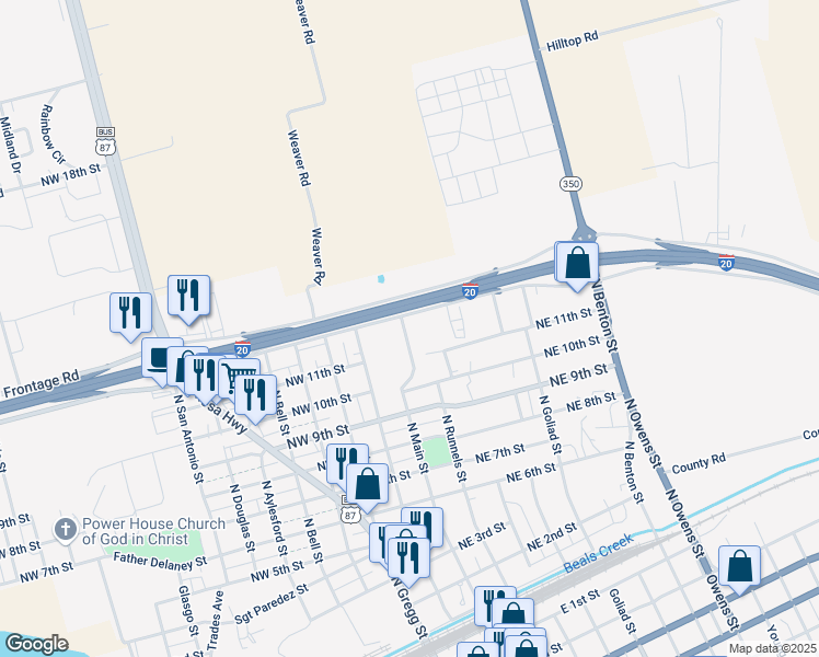 map of restaurants, bars, coffee shops, grocery stores, and more near 1002 North Main Street in Big Spring
