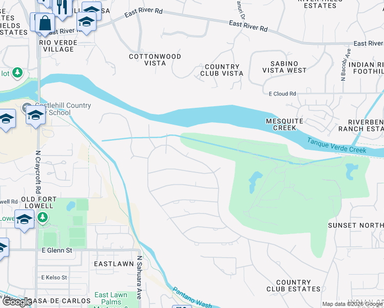 map of restaurants, bars, coffee shops, grocery stores, and more near 6101 East Miramar Drive in Tucson