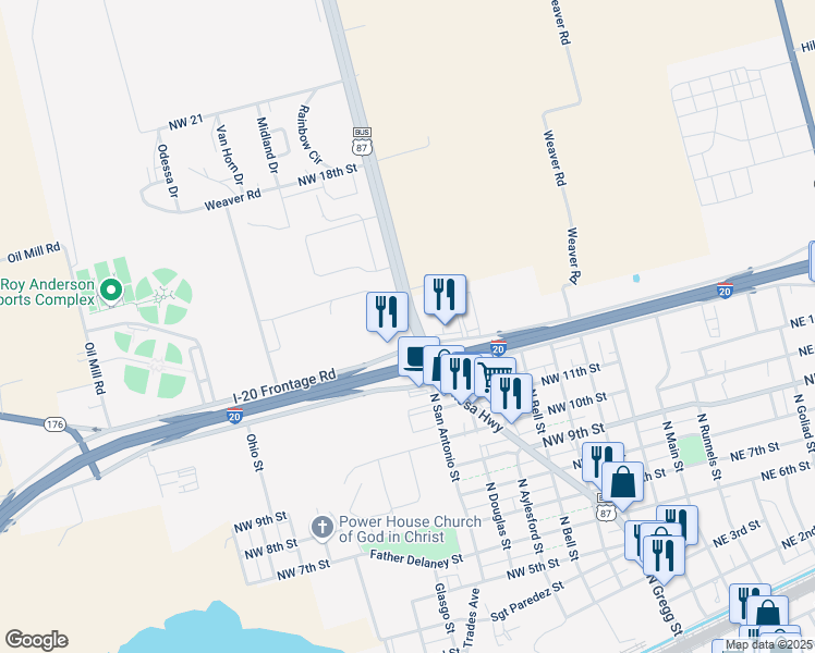 map of restaurants, bars, coffee shops, grocery stores, and more near Lamesa Highway in Big Spring