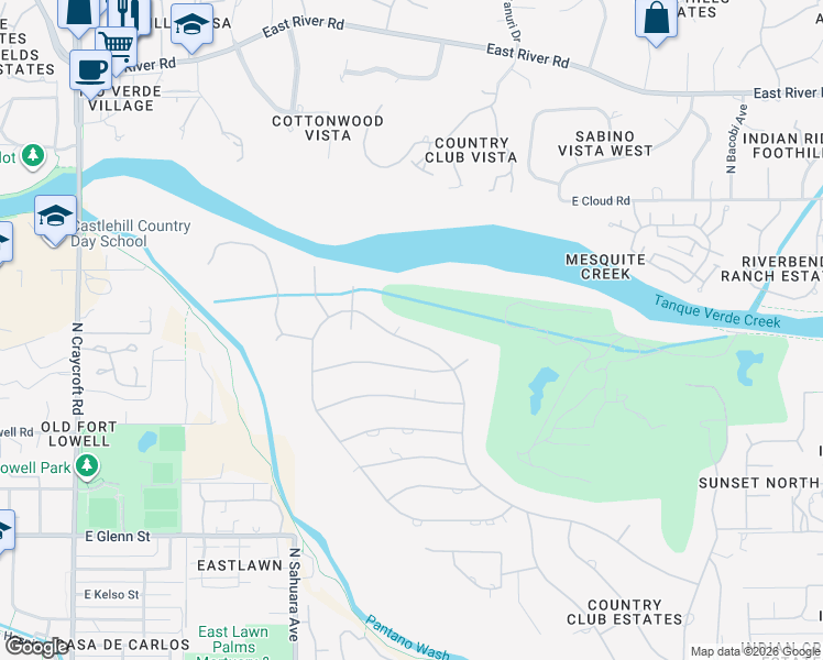 map of restaurants, bars, coffee shops, grocery stores, and more near 6101 East Miramar Drive in Tucson