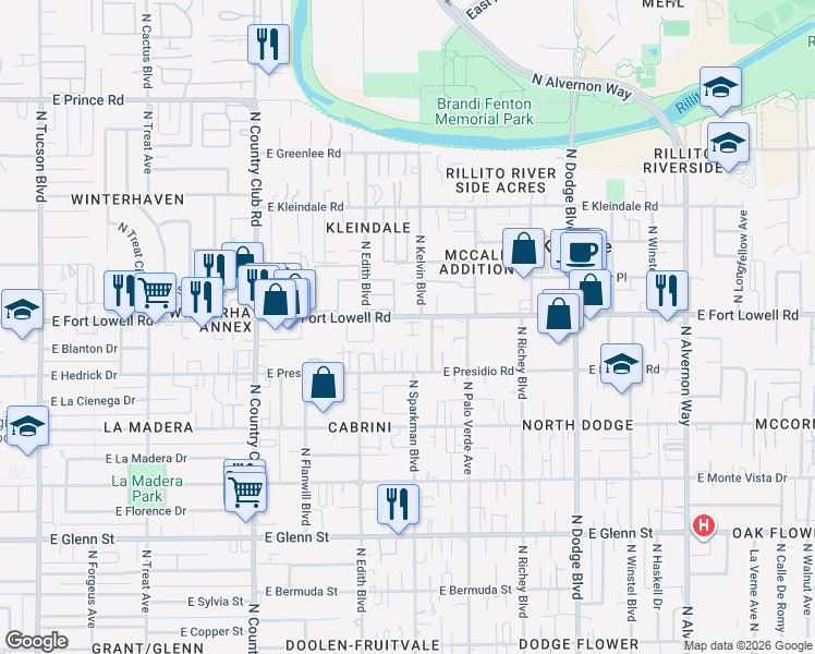 map of restaurants, bars, coffee shops, grocery stores, and more near 3402 East Fort Lowell Road in Tucson