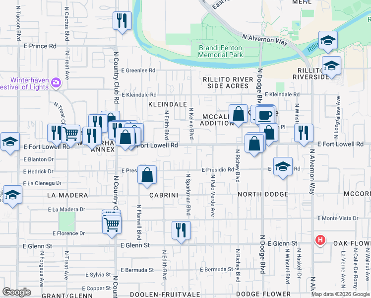 map of restaurants, bars, coffee shops, grocery stores, and more near 3402 East Fort Lowell Road in Tucson