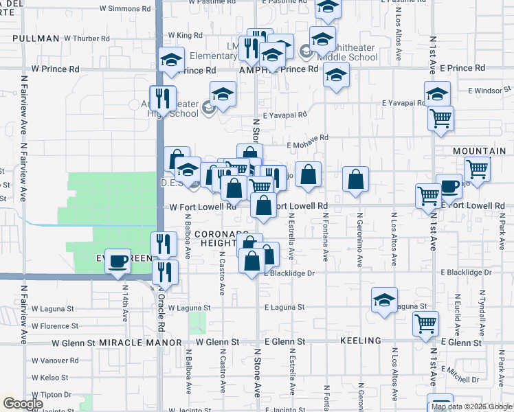 map of restaurants, bars, coffee shops, grocery stores, and more near E Fort Lowell Rd & N Stone Ave in Tucson