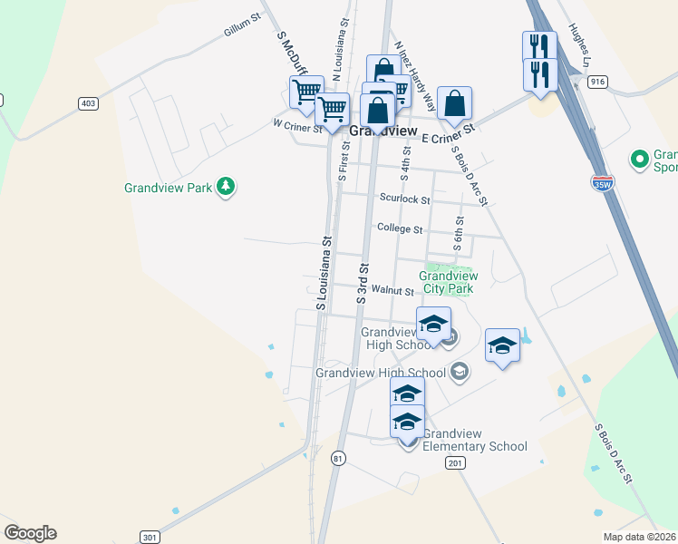 map of restaurants, bars, coffee shops, grocery stores, and more near 600 South Louisiana Street in Grandview