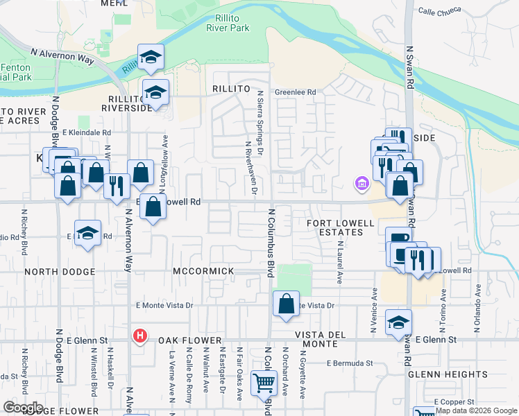 map of restaurants, bars, coffee shops, grocery stores, and more near in Tucson