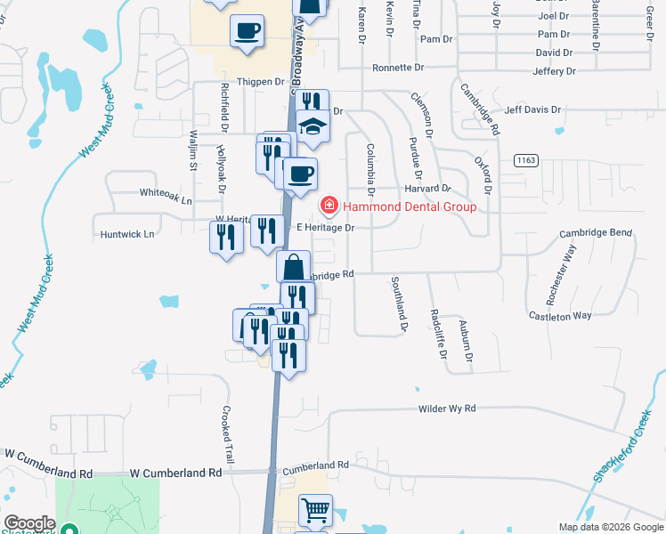 map of restaurants, bars, coffee shops, grocery stores, and more near 213 Heritage Circle in Tyler