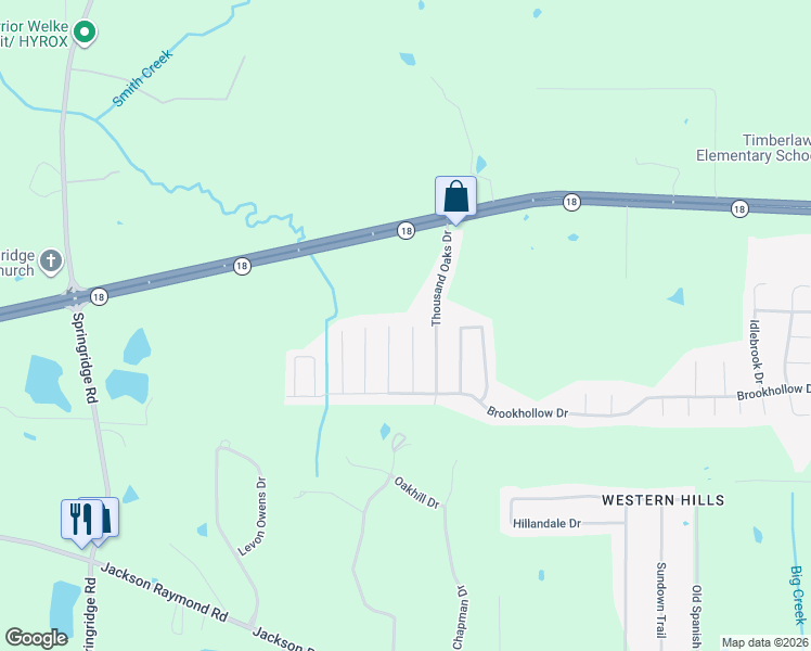 map of restaurants, bars, coffee shops, grocery stores, and more near 1143 Oak Glen Place in Jackson