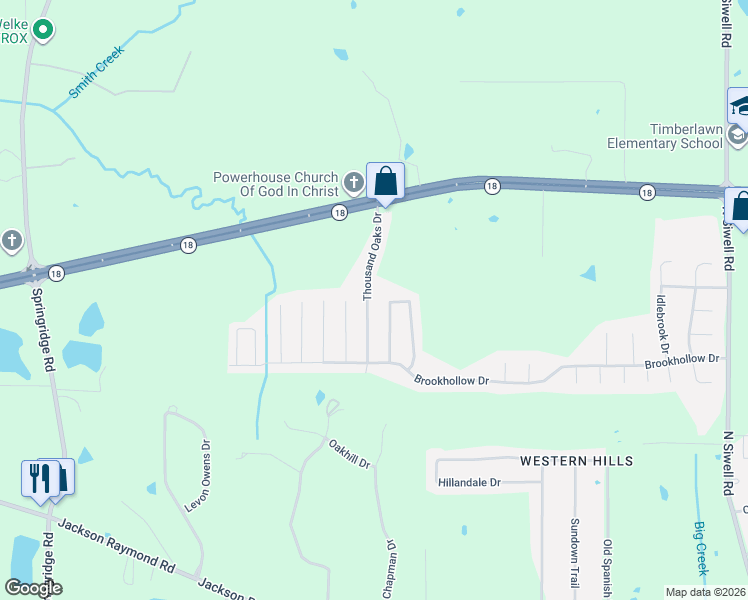 map of restaurants, bars, coffee shops, grocery stores, and more near 168 Thousand Oaks Circle in Jackson