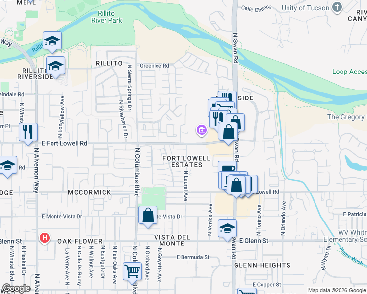 map of restaurants, bars, coffee shops, grocery stores, and more near in Tucson